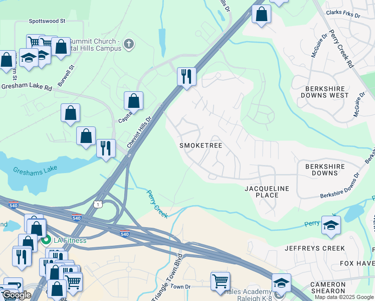 map of restaurants, bars, coffee shops, grocery stores, and more near 4432 Whisperwood Drive in Raleigh