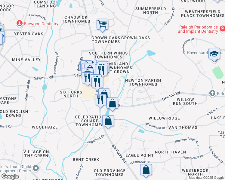 map of restaurants, bars, coffee shops, grocery stores, and more near 7300 Sandy Creek Drive in Raleigh