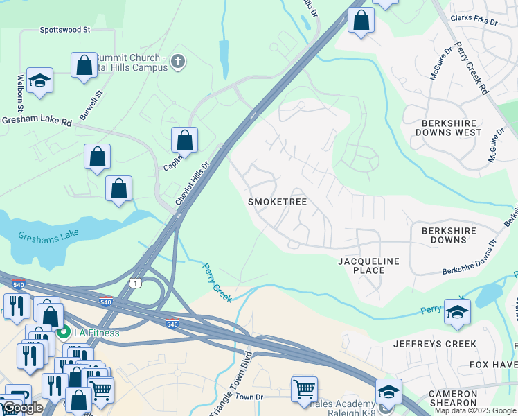 map of restaurants, bars, coffee shops, grocery stores, and more near 4432 Whisperwood Drive in Raleigh