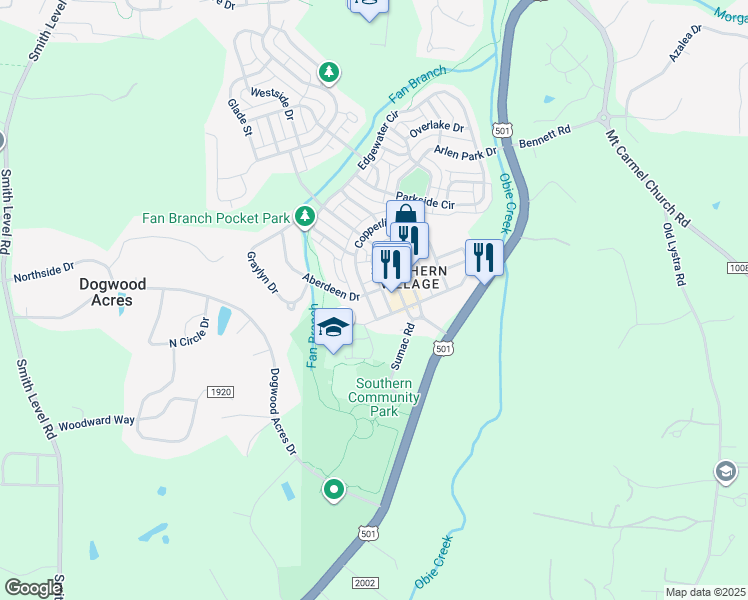 map of restaurants, bars, coffee shops, grocery stores, and more near 701 Copperline Drive in Chapel Hill