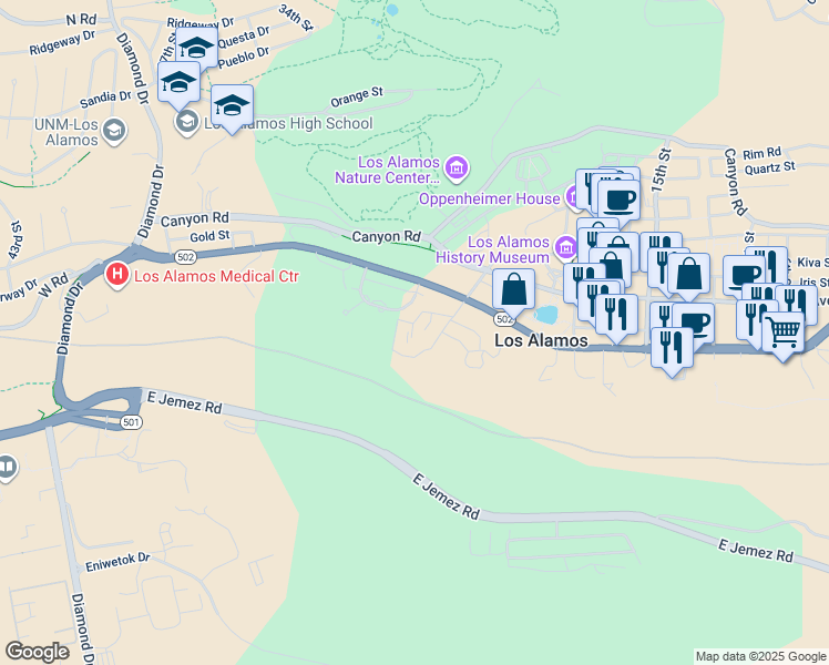 map of restaurants, bars, coffee shops, grocery stores, and more near 505 Oppenheimer Drive in Los Alamos