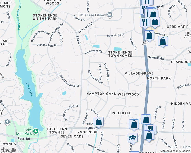 map of restaurants, bars, coffee shops, grocery stores, and more near 7400 Old Hundred Road in Raleigh