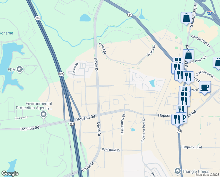 map of restaurants, bars, coffee shops, grocery stores, and more near 4611 Hopson Road in Morrisville