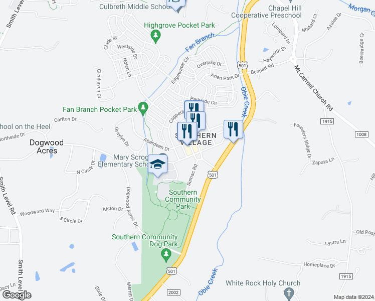 map of restaurants, bars, coffee shops, grocery stores, and more near 703 Copperline Drive in Chapel Hill