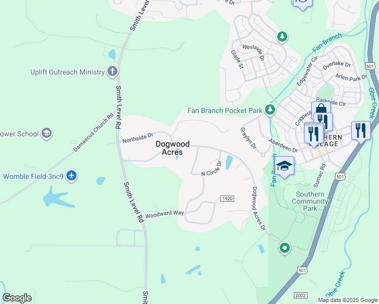 map of restaurants, bars, coffee shops, grocery stores, and more near 29 North Circle Drive in Chapel Hill