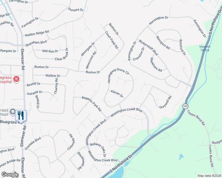 map of restaurants, bars, coffee shops, grocery stores, and more near 9125 Hemingway Grove Circle in Knoxville