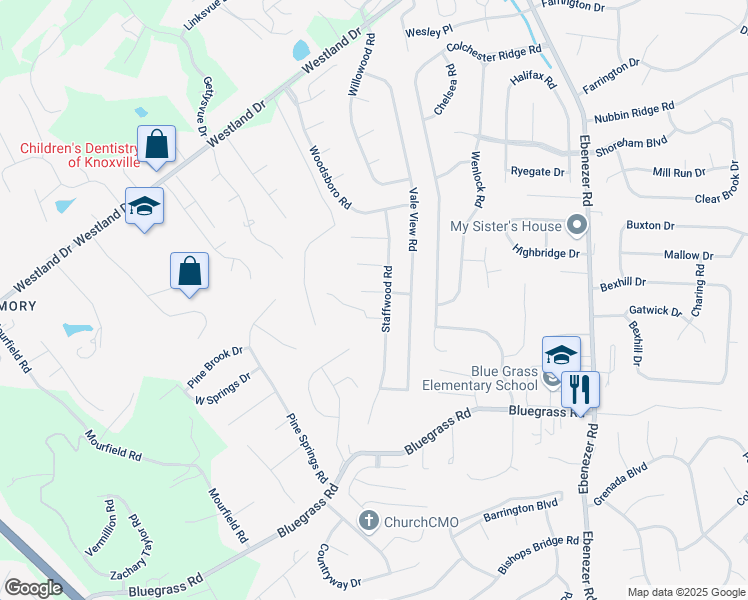 map of restaurants, bars, coffee shops, grocery stores, and more near 9201 Manor Crest Lane in Knoxville