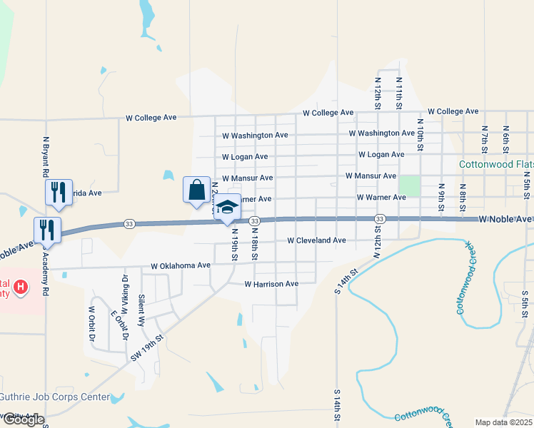 map of restaurants, bars, coffee shops, grocery stores, and more near 1822 Oklahoma 33 in Guthrie