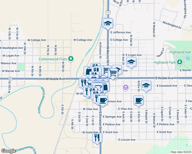 map of restaurants, bars, coffee shops, grocery stores, and more near 220 North 1st Street in Guthrie