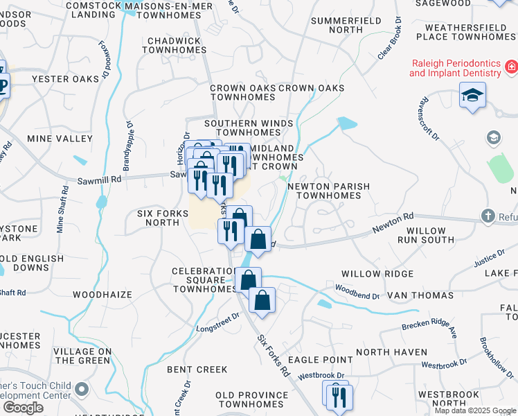 map of restaurants, bars, coffee shops, grocery stores, and more near 223 Newton Road in Raleigh