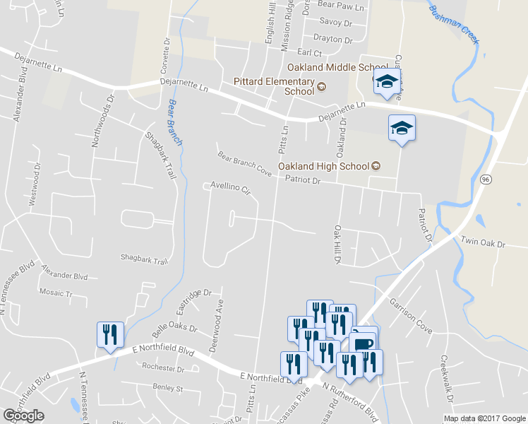 map of restaurants, bars, coffee shops, grocery stores, and more near 1541 Avellino Circle in Murfreesboro