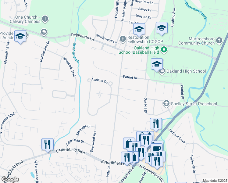 map of restaurants, bars, coffee shops, grocery stores, and more near 1541 Avellino Circle in Murfreesboro