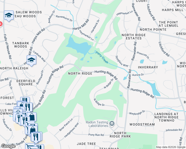 map of restaurants, bars, coffee shops, grocery stores, and more near 1612 Hunting Ridge Road in Raleigh