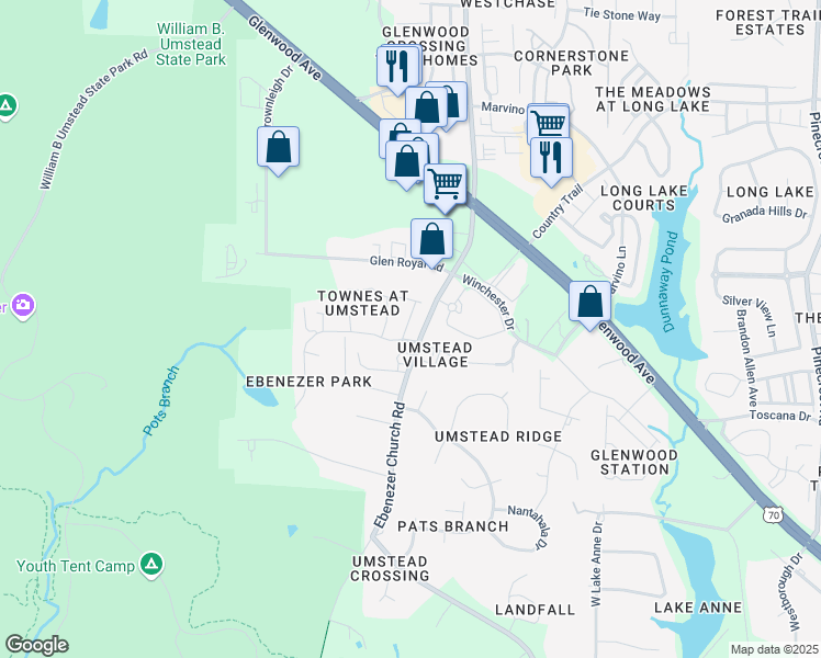 map of restaurants, bars, coffee shops, grocery stores, and more near 8004 Goldenrain Way in Raleigh