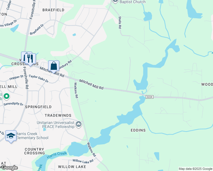 map of restaurants, bars, coffee shops, grocery stores, and more near 4325 Mitchell Mill Road in Wake Forest