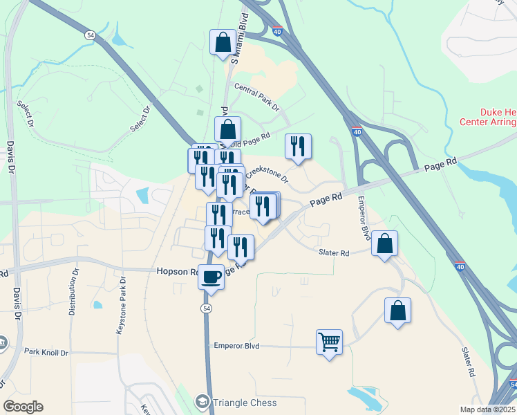 map of restaurants, bars, coffee shops, grocery stores, and more near Terrace Pine Drive in Durham