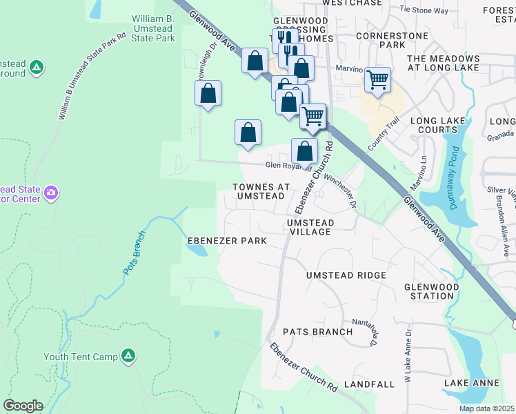 map of restaurants, bars, coffee shops, grocery stores, and more near 8002 Beech Tree Ridge Trail in Raleigh
