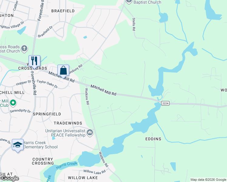 map of restaurants, bars, coffee shops, grocery stores, and more near 4315 Mitchell Mill Road in Wake Forest