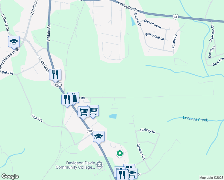 map of restaurants, bars, coffee shops, grocery stores, and more near 251 Eaton Road in Mocksville