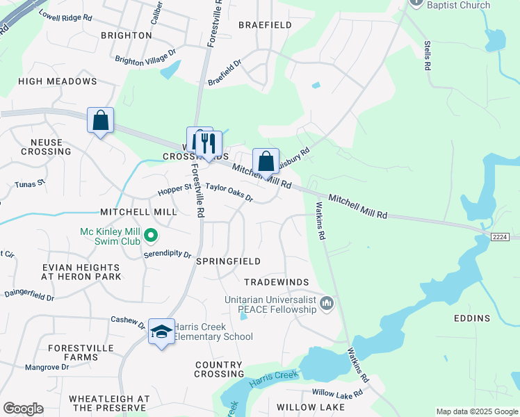 map of restaurants, bars, coffee shops, grocery stores, and more near 4109 Morning Blossum Place in Raleigh