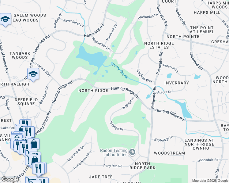 map of restaurants, bars, coffee shops, grocery stores, and more near 1612 Hunting Ridge Road in Raleigh