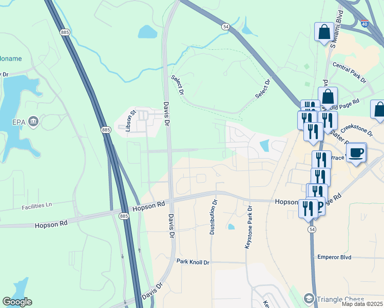 map of restaurants, bars, coffee shops, grocery stores, and more near 4611 Hopson Road in Morrisville