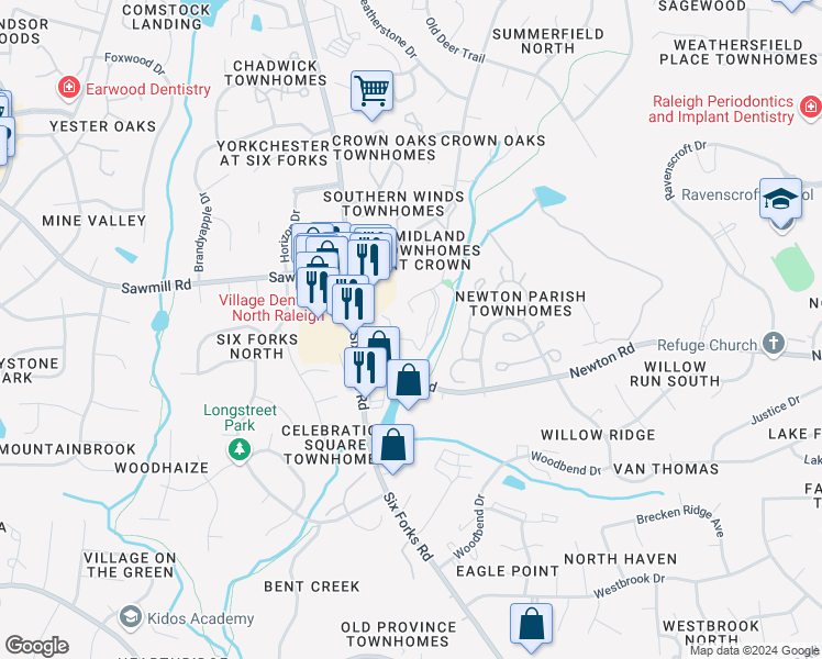 map of restaurants, bars, coffee shops, grocery stores, and more near 7121 Sandy Creek Drive in Raleigh