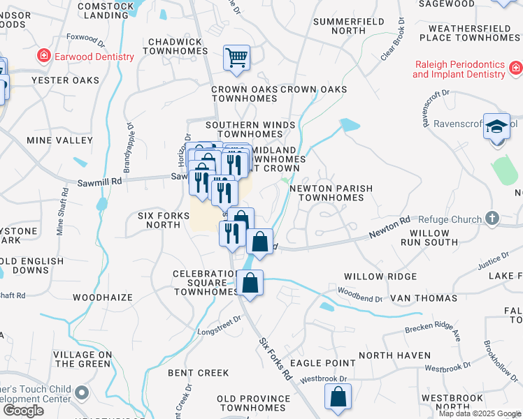 map of restaurants, bars, coffee shops, grocery stores, and more near 7195 Sandy Creek Drive in Raleigh