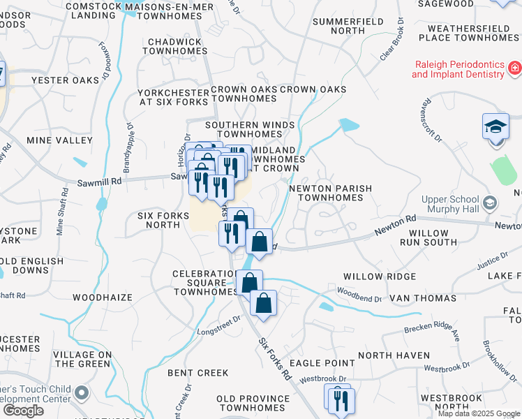 map of restaurants, bars, coffee shops, grocery stores, and more near 297 Sandy Creek Drive in Raleigh