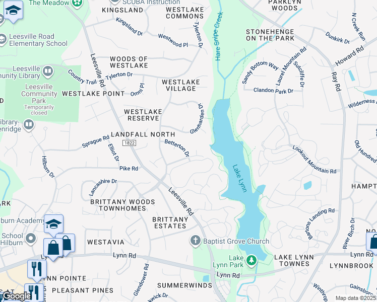 map of restaurants, bars, coffee shops, grocery stores, and more near 4100 Betterton Drive in Raleigh