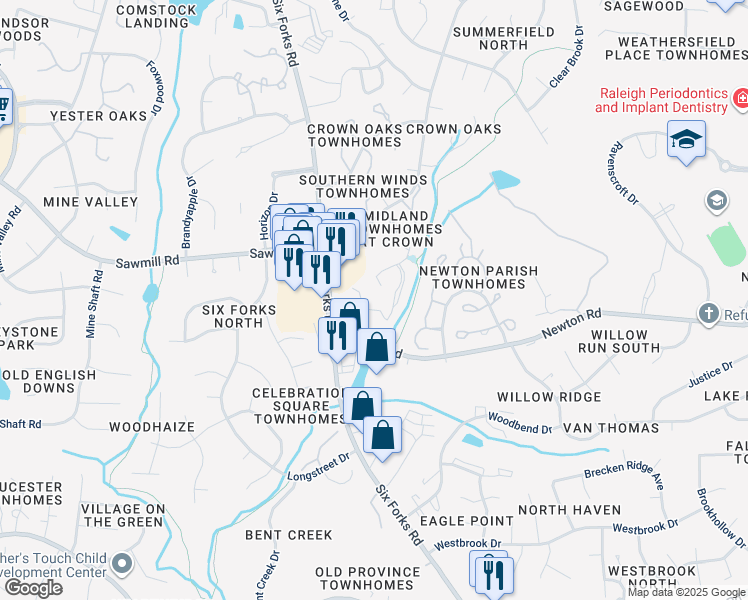 map of restaurants, bars, coffee shops, grocery stores, and more near 7195 Sandy Creek Drive in Raleigh