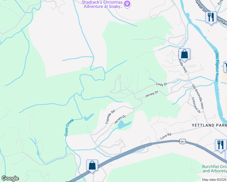 map of restaurants, bars, coffee shops, grocery stores, and more near 946 Black Oak Way in Sevierville