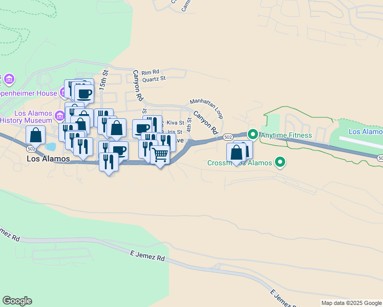map of restaurants, bars, coffee shops, grocery stores, and more near 401 Trinity Drive in Los Alamos