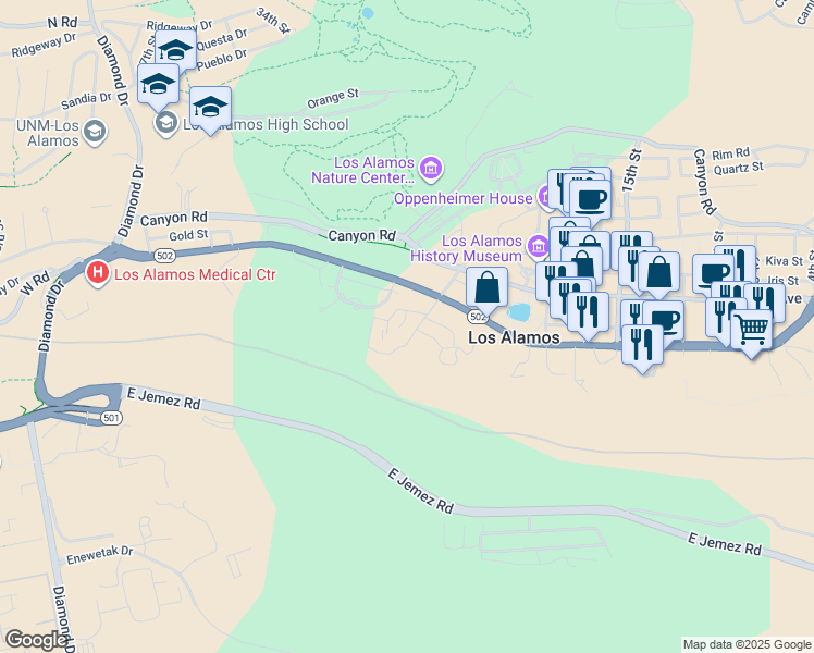 map of restaurants, bars, coffee shops, grocery stores, and more near 505 Oppenheimer Drive in Los Alamos