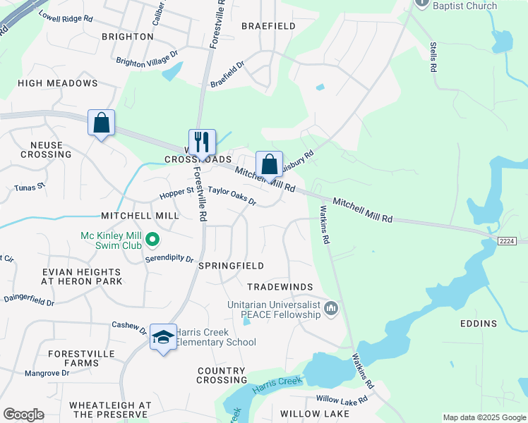 map of restaurants, bars, coffee shops, grocery stores, and more near 4109 Morning Blossum Place in Raleigh