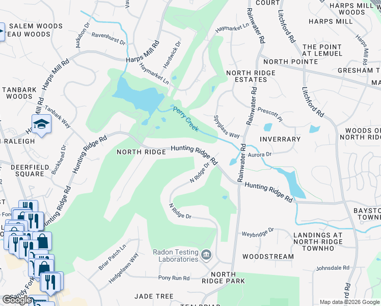 map of restaurants, bars, coffee shops, grocery stores, and more near 1704 Hunting Ridge Road in Raleigh