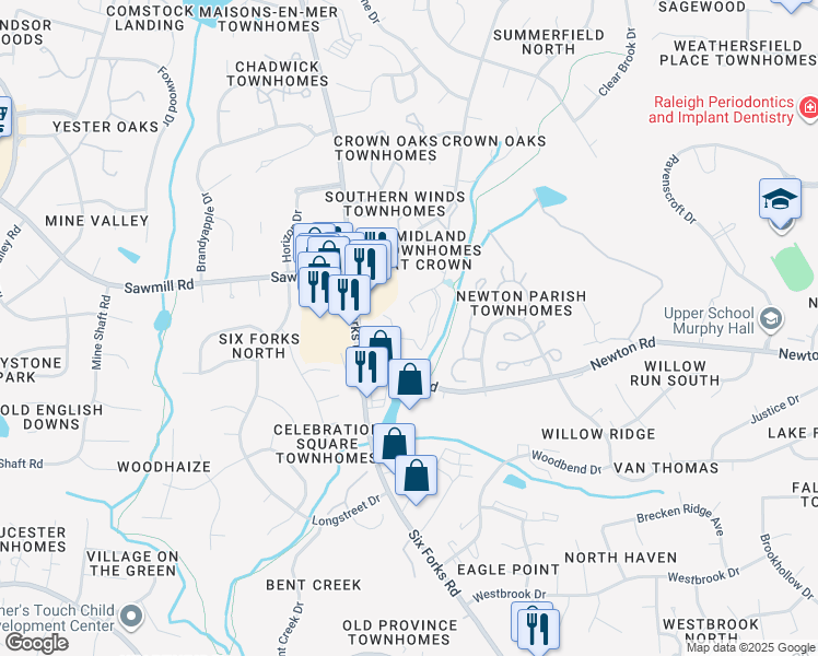 map of restaurants, bars, coffee shops, grocery stores, and more near 297 Sandy Creek Drive in Raleigh