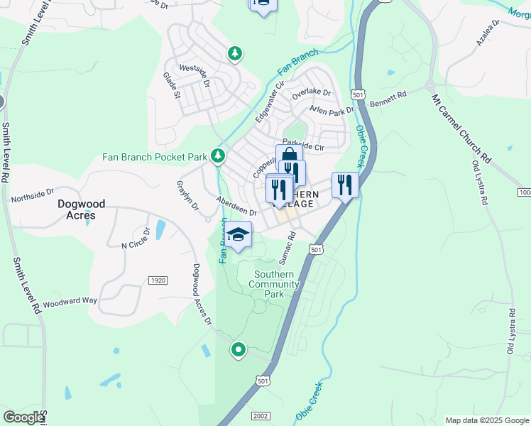 map of restaurants, bars, coffee shops, grocery stores, and more near 703 Copperline Drive in Chapel Hill