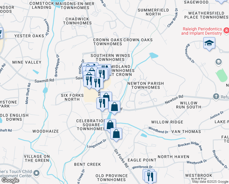 map of restaurants, bars, coffee shops, grocery stores, and more near 297 Sandy Creek Drive in Raleigh