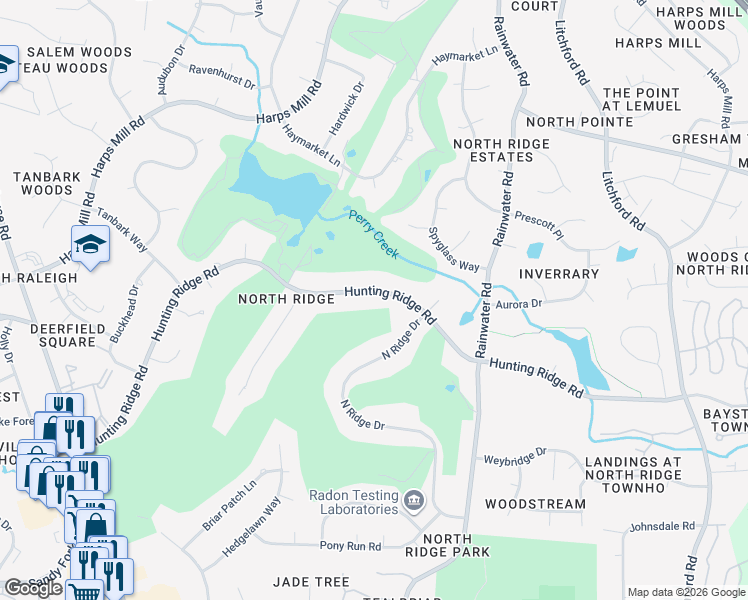 map of restaurants, bars, coffee shops, grocery stores, and more near 1704 Hunting Ridge Road in Raleigh
