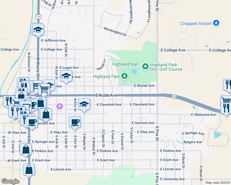 map of restaurants, bars, coffee shops, grocery stores, and more near 1015 Oklahoma 33 in Guthrie
