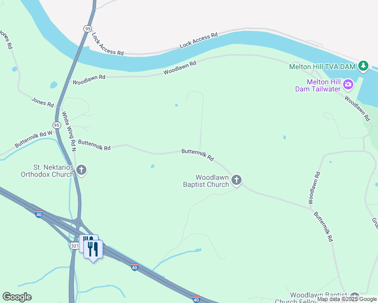 map of restaurants, bars, coffee shops, grocery stores, and more near 2560 Buttermilk Road in Lenoir City