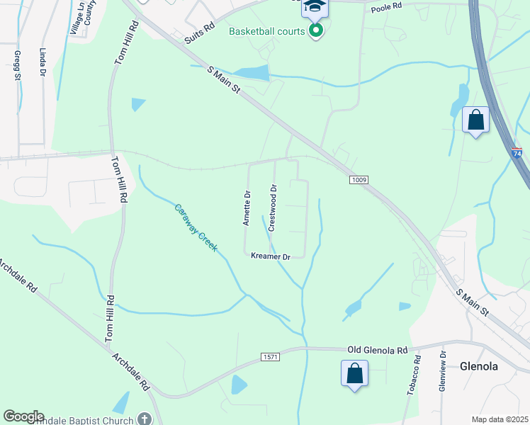 map of restaurants, bars, coffee shops, grocery stores, and more near 1 Crestwood Drive in Archdale