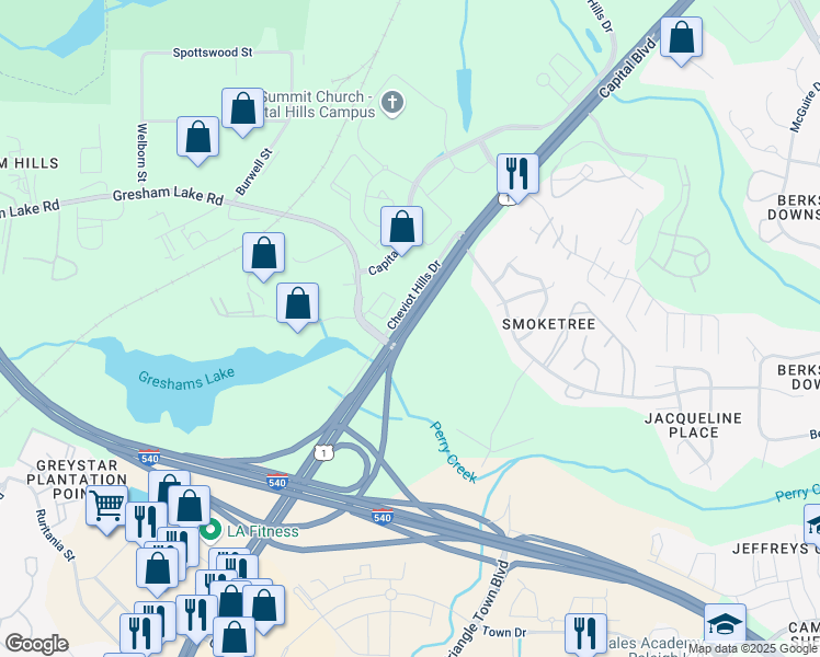 map of restaurants, bars, coffee shops, grocery stores, and more near 7012 Capital Boulevard in Raleigh