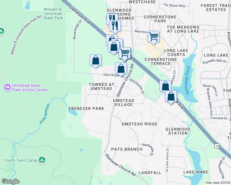map of restaurants, bars, coffee shops, grocery stores, and more near 8022 Sycamore Hill Lane in Raleigh