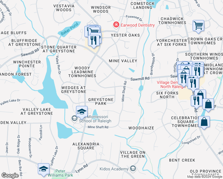 map of restaurants, bars, coffee shops, grocery stores, and more near 7505 Mine Valley Road in Raleigh