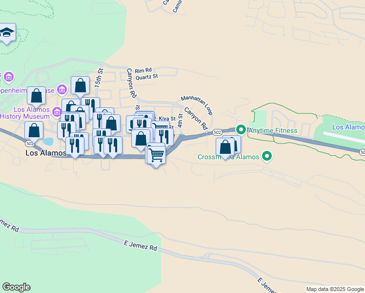 map of restaurants, bars, coffee shops, grocery stores, and more near 401 Trinity Drive in Los Alamos
