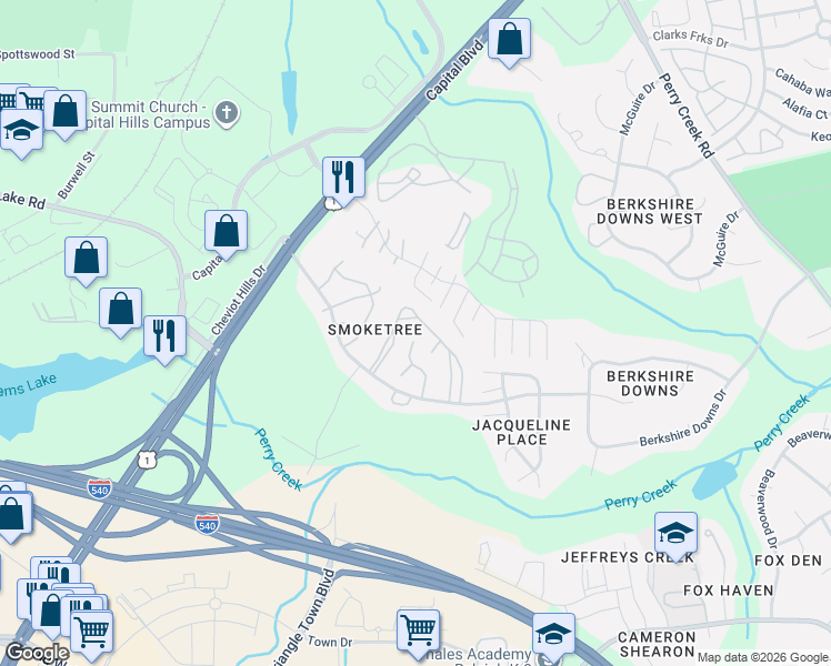 map of restaurants, bars, coffee shops, grocery stores, and more near 7313 Ewing Place in Raleigh