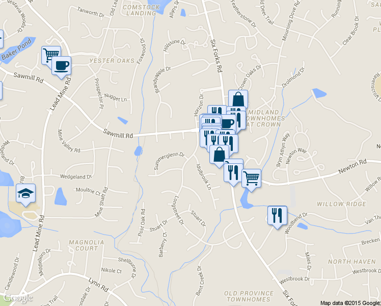 map of restaurants, bars, coffee shops, grocery stores, and more near 7613 Longstreet Drive in Raleigh
