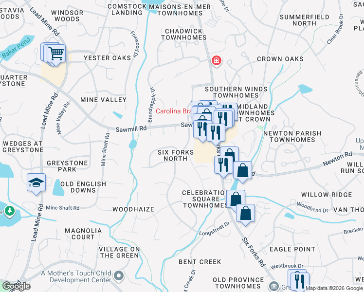 map of restaurants, bars, coffee shops, grocery stores, and more near 7613 Longstreet Drive in Raleigh